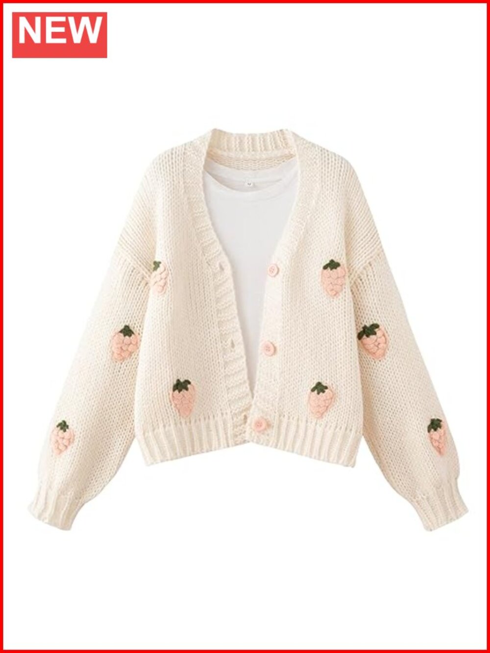 Strawberry Embroidered Chunky Knit V Neck Cardigan Button Down Women's